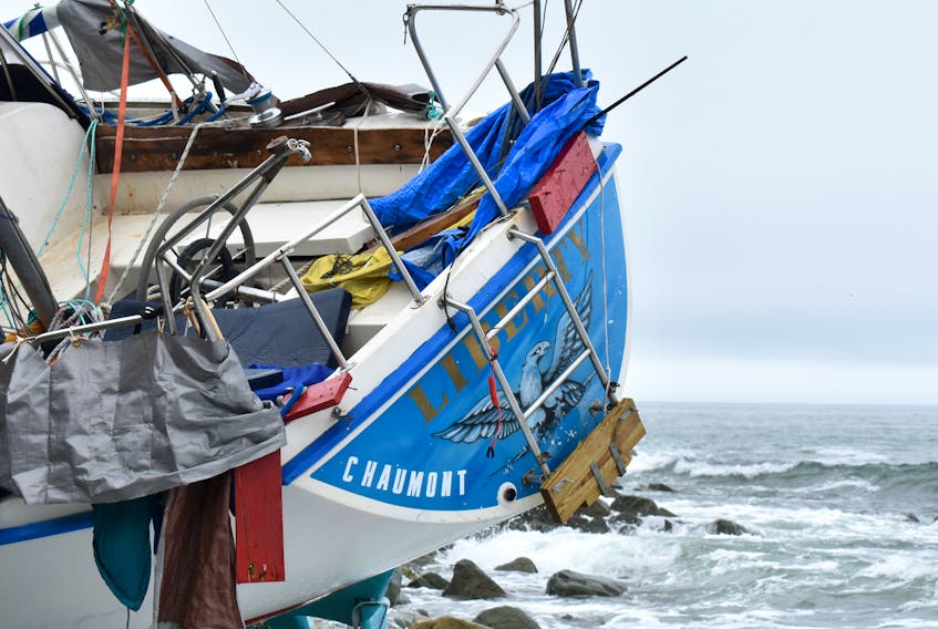 The stern of the Liberty, an 11-metre sailboat stranded on the shores of Gabarus. The whereabouts of the vessel’s skipper, who was spotted by several residents leaving the village on foot with his dog, is still not known.