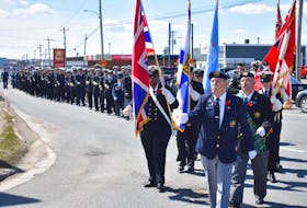 Parade marshal Walter Stewart leads a lengthy procession on a ceremonial march in honour of the Battle of the Atlantic on Sunday afternoon in Sydney. The parade started at the Ashby legion, RCL branch 138, and worked its way to nearby St. Theresa’s Church where a memorial service, which included the laying of an anchor-shaped wreath, was held before the participants made their way back to the legion. The event marked the 80th anniversary of the start of the ocean battle that ran from 1939 through the end of the Second World War in 1945. The annual parade featured a colour guard, members of the Cape Breton Naval Veterans Association, members of the Canadian Coast Guard and members of local air, sea and army cadets.