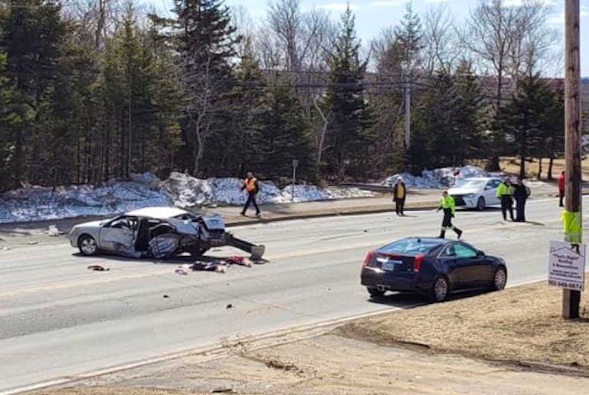 One of the four vehicles involved in the accident on Grand Lake Road on March 26 had extensive damage to the rear of the car. Officers spent about five hours clearing up the scene and multiple injuries were reported. Some residents along the strip of Grand Lake Road from Cape Breton University to Gardiner Road intersection say they are concerned about the high number of accidents in the area and excessive speeding along the road. Cape Breton Regional Police estimate about 75 per cent of speeding tickets they issue are along Grand Lake Road. SUBMITTED PHOTO/CHRISTOPHER FERGUSON