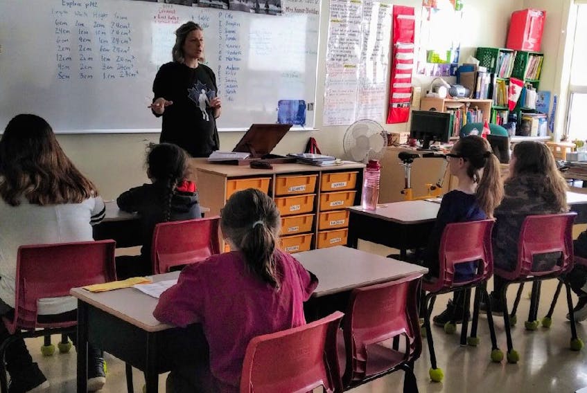 Lacey Johns, school and event co-ordinator for the Nova Scotia Terry Fox Foundation, addressed a class at Brookland Elementary School in Sydney on Friday. Organizers are already gearing up this year’s event in September and the 40th run slated for next year.