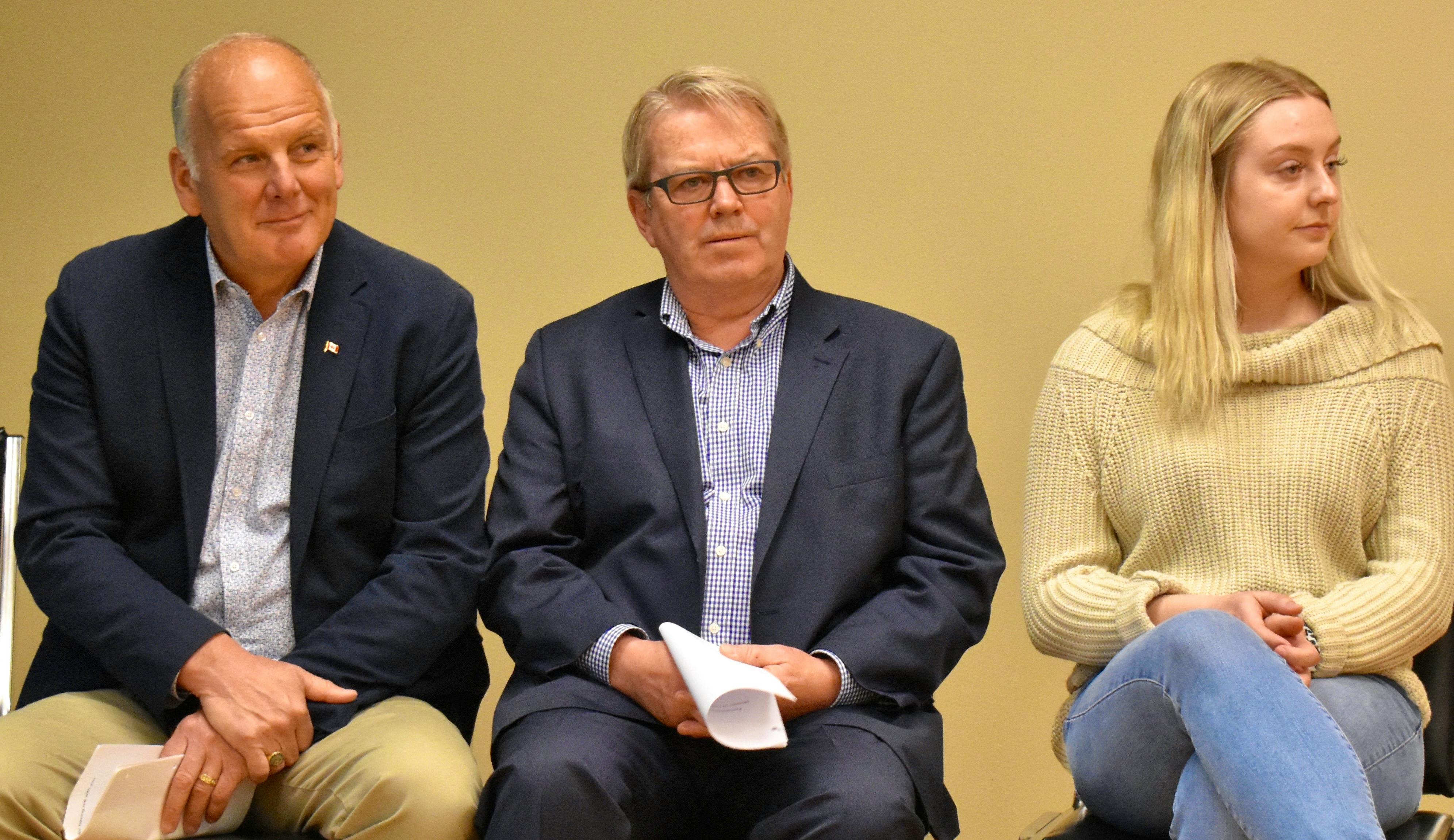 Cape Breton University student Danielle Pyke, right, Sydney-Victoria MP Mark Eyking, left, and Cape Breton-Canso MP Rodger Cuzner, listen to YMCA of Cape Breton chief executive officer Andre Gallant during Tuesday’s kickoff of the 2019 Canada Summer Jobs program at the downtown Sydney YMCA. Pyke spent last summer working at the Y as a summer day camp counsellor, while the pair of Cape Breton MPs were on hand to announce the start of the program’s 2019 hiring season.
