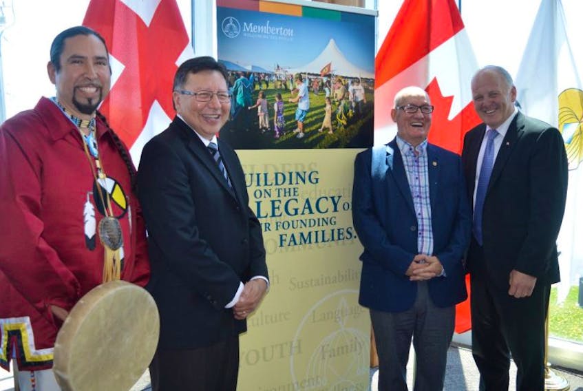 Shown from left to right, Jeff Ward, Senator Dan Christmas, Membertou Chief Terry Paul, and Sydney-Victoria MP Mark Eyking took part in an announcement at the Membertou Trade and Convention Centre Friday of almost $1 million in federal grants to support several initiatives of the Mi’kmaq community, including technology upgrades at the convention centre.
