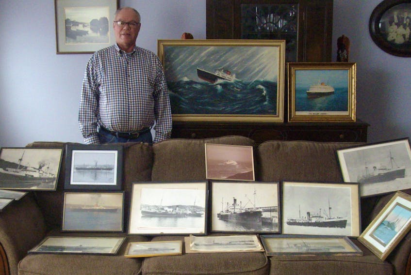 John Parsons is shown with photos of most of the ferries from Newfoundland to North Sydney including the SS Bruce, SS Glencoe, Cabot Strait, SS Kyle, SS Random, MV Nautica, SS Caribou, John Hamilton Grey from PEI, Leif Erikson, Springdale, Patrick Morris, Lucy Maude Montgomery from PEI, MV William Carson (the first superferry built in Canada in 1954), and the sinking of the Patrick Morris painted by Aubrey Wells of Port aux Basques. Gordon Sampson.