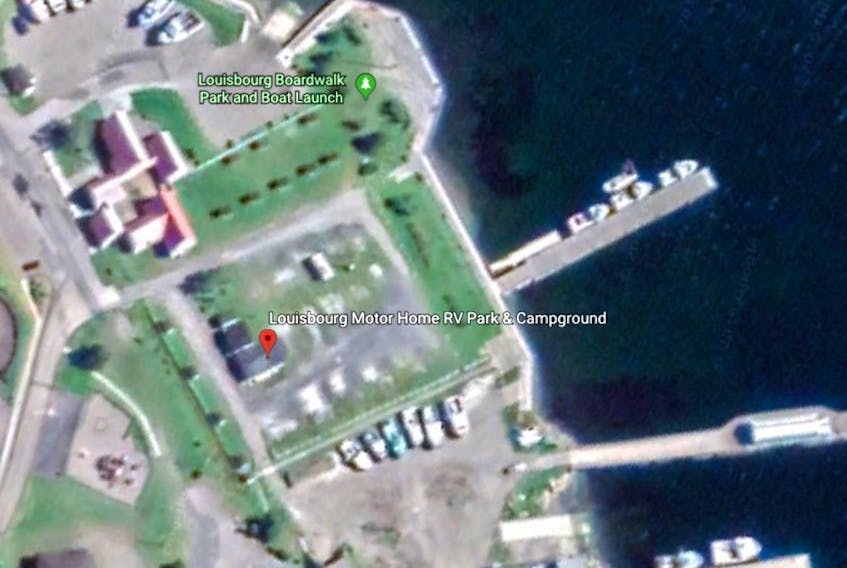 A Google Earth view of where the Louisbourg Motorhome RV Park and Campground property is located, near the Louisbourg boardwalk.