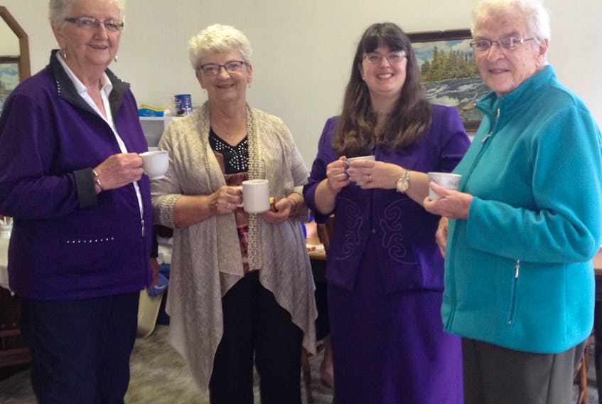 Members of Middle River United Church gather after each service to enjoy an extended time of fellowship. Left to right, Shirley Hart, Florence MacCuspic, Rev. Mary Jo Harrison and Helen MacDonald.