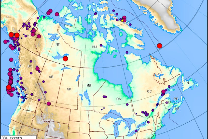 On the Earthquakes Canada website, maps show all earthquakes in Canada in the last 30 days. This is from November 30, 2017. Submitted photo.