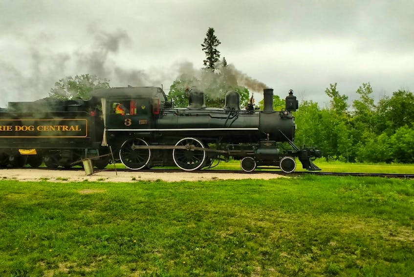 On the Prairie Dog Central Steam Railway in Manitoba, this authentic 1882 Glasgow built engine runs. Lila Carson.