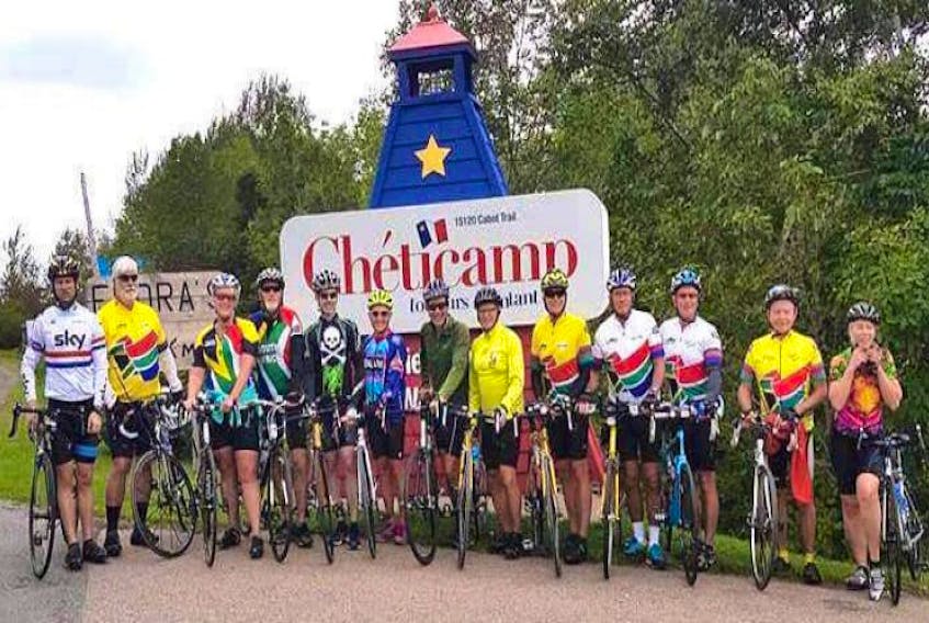 Some of the riders from a previous Ride to Recovery around the Cabot Trail include, from left to right, Paul MacNeil, John Saunders, Colette Smith, Billy Smith, Chris Heij, Yvonne Fougere, Ian Kennedy, Jeff Cadegan, Dr. Art Spencer, Dr. Michael Gallivan, Steven Butler, Dr. Kent Cadegan and Sharon Collins. This is the 14th year Cadegan has organized the ride to raise awareness on childhood sexual abuse.