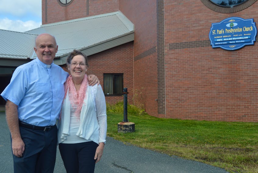 Rev. Allan MacLellan and his wife, Nancy MacLellan, stand outside of St. Paul’s Presbyterian Church on Brookside St. in Glace Bay. Allan has been the pastor there for the past six years after being asked to come out of retirement to do so. Now they are set to retire for good at the end of the month.