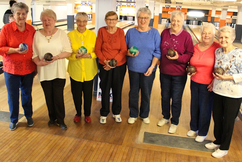 The “over 80 club” at the Glace Bay Bowling League say they love to hit the lanes for the exercise and the social interaction. All nine of them encourage other seniors to take up the sport as a way to get out with friends, meet new people and stretch your muscles. From left, Lima McVeigh, Shirley Miller, Milley Quann, Rodena (Sis) Spencer, Elsie Ellsworth, Rose Budge, Ruth Petrie and Norma Brufatto.