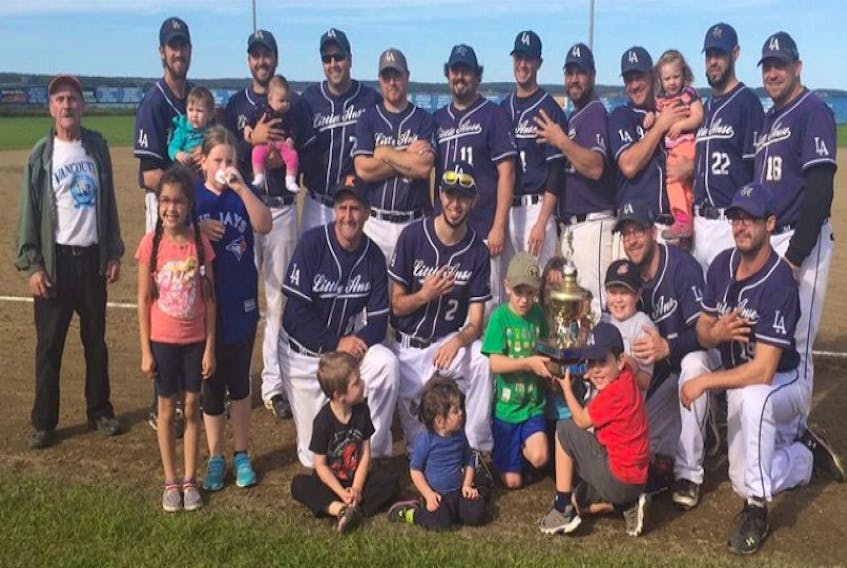 Members of the Little Anse Hawks are shown celebrating after capturing the 2016 Richmond Amateur Baseball Association championship last year. The Hawks have won the league title the past four years, breaking the streak of 13 straight league titles by the Petit de Grat Red Caps.