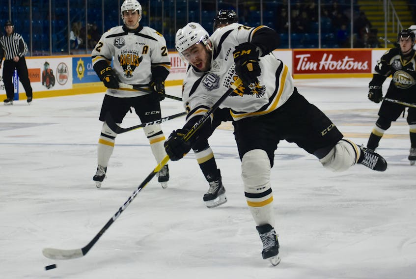 Egor Sokolov of the Cape Breton Screaming Eagles fires a shot on goal during the team’s game against the Charlottetown Islanders at Centre 200 on Wednesday. Sokolov, who scored on the shot, is in his second season with the local Quebec Major Junior Hockey League team