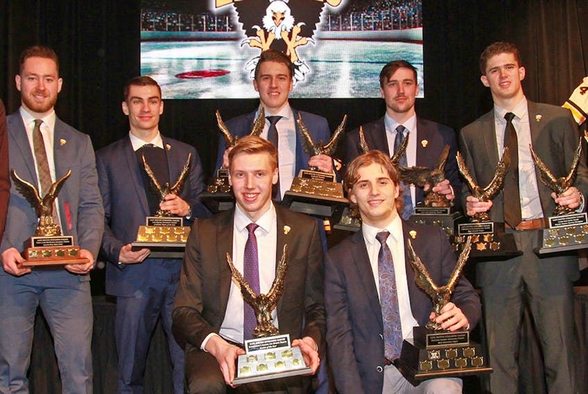 The Cape Breton Screaming Eagles honoured players at their annual awards banquet Monday night at the Membertou Trade and Convention Centre. From left, front row, William Grimard and Félix Lafrance; back row, Kevin Mandolese, Antoine Crête-Belzile, Gabriel Proulx, Leon Gawanke, Declan Smith, Mitchell Balmas and Wilson Forest. CONTRIBUTED/MIKE SULLIVAN