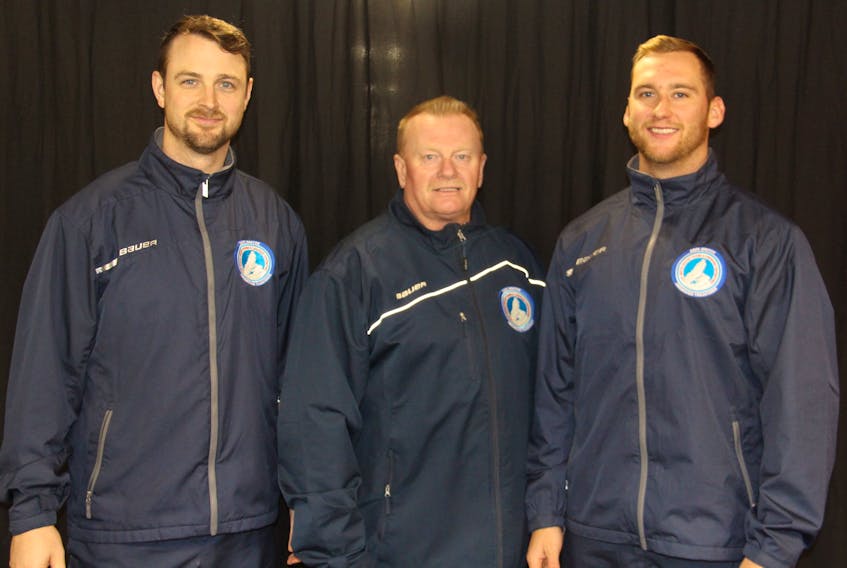The coaching staff of the Cape Breton Unionized Tradesmen for the 2018-19 season, from left, assistant coach Chris Culligan, head coach Ken Tracey and assistant coach Ryan Sparling. Tracey is stepping down, with Culligan taking over as head coach and Sparling will be back as an assistant in 2019-20.