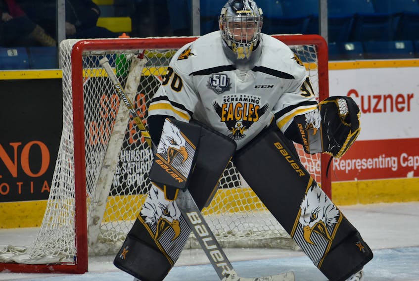 William Grimard is in his first season with the Cape Breton Screaming Eagles. The Wotton, Que., native has appeared in 16 games this season and has a 9-6-1-1 record with a 2.65 goals-against-average and a 0.875 save percentage.