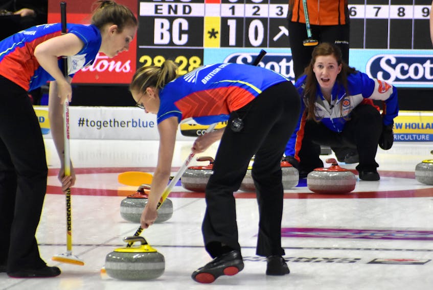 In this file photo, British Columbia skip Sarah Wark gives instructions to teammates Carley Sandwith, left, and Jen Rusnell as they sweep during a game at the Scotties Tournament of Hearts on Feb. 22 at Centre 200 in Sydney. Cape Breton isn’t ruling out the possibility of hosting another major curling event in the near future.