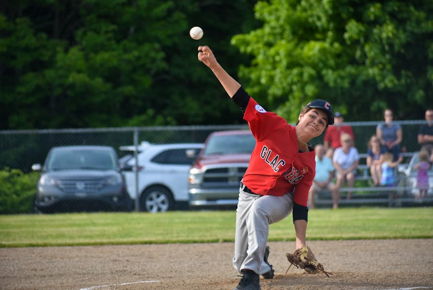 Hudson Clarke of the Glace Bay McDonald’s Colonels delivers a pitch for a strike during second inning action against Lancaster, N.B., in Game 1 of the Atlantic Major Little League Championship on July 20. Clarke is one of the team’s top pitchers and will be called upon to help guide the club to a Canadian title.