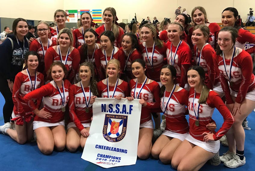The Riverview Redettes girls cheerleading team captured the Nova Scotia School Athletic Federation provincial championship in Yarmouth on Saturday. Members of the team are shown with the championship banner. From left, front, Vicki MacNevin, Lydia Hendriksen, Hannah Whelan, Kelcie Burke, Jessie Neal, Madlyn O’Brien and Gabby Samson. Middle row, from left, Courtney Worrell, Victoria MacNeil-Burke, Anna Sampson, Zeynep Yildirim, Tasha Fenech, Maddin Laffin, Maggie MacPherson, Madison Parsons, Lenee Sampson and Hailey Dwyer-Parsons; back, Sarah Harnish, Emily Turner, Madison MacDonald, Camilla Arghittu, Sasha MacDonald and Alayah Jeddore. Contributed/Nova Scotia School Athletic Federation