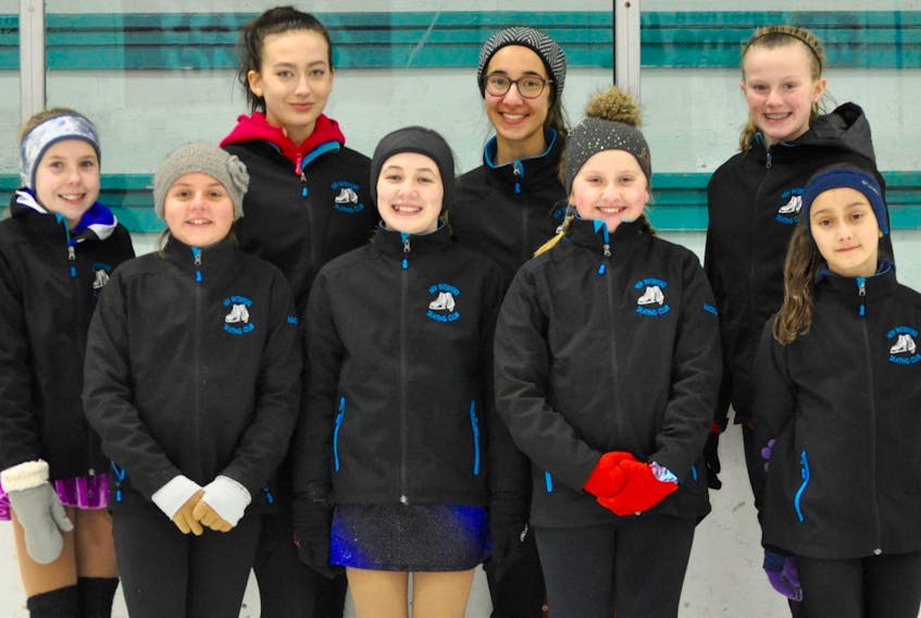 Seven members of the New Waterford Figure Skating Club will participate in the Skate Canada Nova Scotia Star 1-3 Competition next week in Pictou County. From left, front row, Anna MacIntosh, Neely Rae Pheifer, Macey MacDonald and Isabela Yepes; back row, Ella Lynn Barry, Ariel Coish, Reya Hanspal and Emily Wilkes (who won’t be attending the event). CONTRIBUTED/JANET PHEIFER