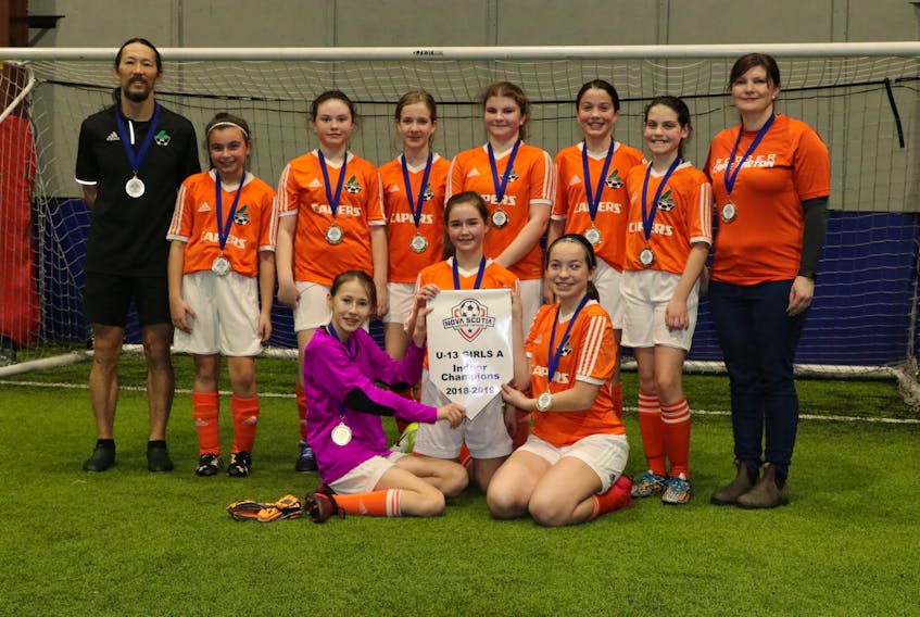 Soccer Cape Breton’s under-13 girls’ ‘A’ team captured the Nova Scotia Indoor Soccer League provincial championship recently, defeating South Shore 4-2 in the championship game. Claire Pemberton and Caelan Binder both scored a pair of goals for the team. Front row, from left, Keira Fuller, Caelan Binder and Frankie Chislett. Back row, from left, Ev Fuller (coach), Samantha Chauder, Carlyn Comer, Brenna O’Keefe, Claire Pemberton, Sadie Parnaby, Maria Brann and Tiffany Andrews (manager). Contributed Photo/Loren Pemberton