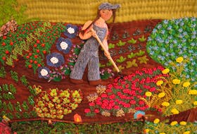 When asked for a photo of herself, Hélène Blanchet might send you this — an embroidered piece depicting her working in the garden.