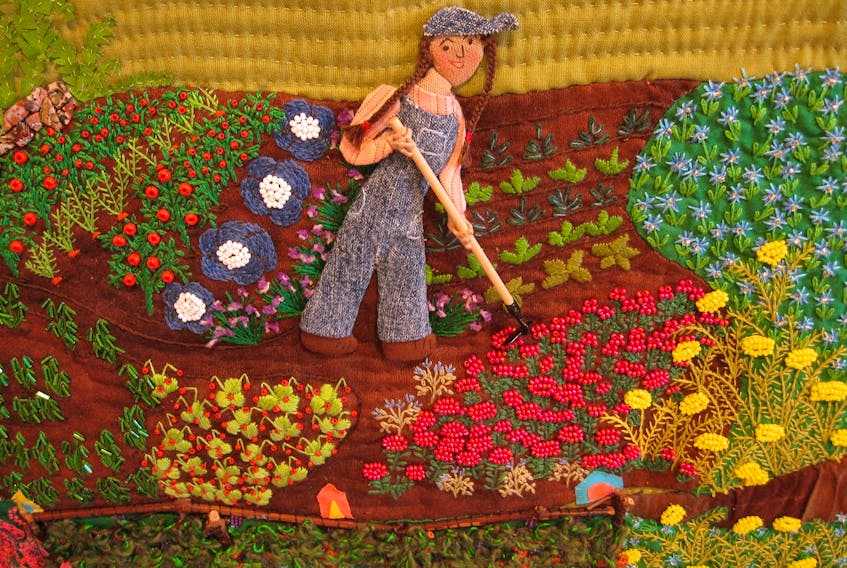 When asked for a photo of herself, Hélène Blanchet might send you this — an embroidered piece depicting her working in the garden.