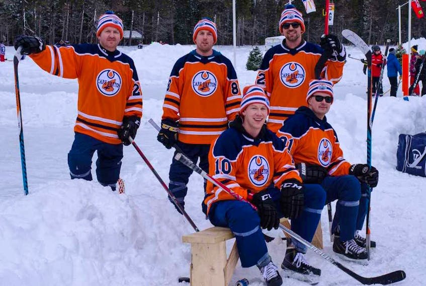A group of local hockey players participated in the World Pond Hockey Championship in Plaster Rock, N.B., in February. The team, which was named the Cape Breton Oilers, went undefeated in the round robin of the tournament and finished in eighth place out of 90 teams. Members of the team are shown following the tournament. Front row, from left, Stuart MacRae and Patrick MacRae. Back row, from left, Mike Gillis, Shane Joseph and Chris Kennedy. SUBMITTED PHOTO/JASON DILJOHN