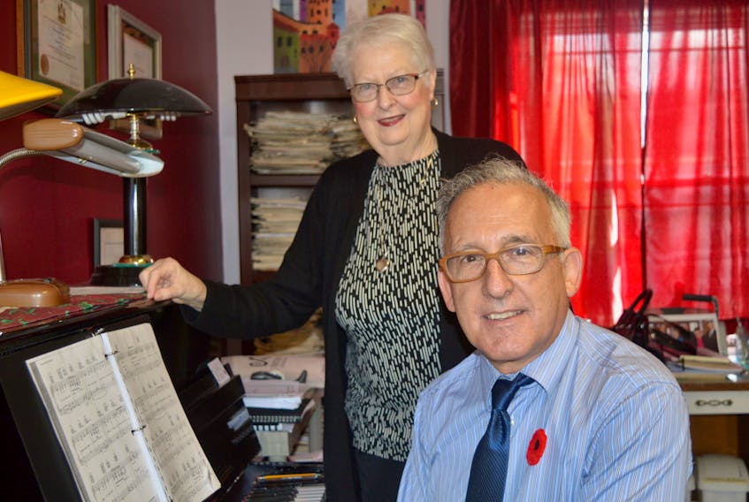 Dr. Kevin Orrell is shown at the piano while music teacher Shauna Doolan stands during a rehearsal for a Wartime Singalong in Celebration of the Centenary Anniversary of Armistice Day at St. Matthew Wesley Church, North Sydney on November 10 at 7:30 p.m.
