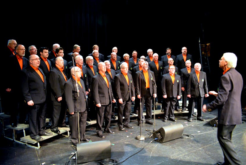 Members of the Cape Breton Chordsmen, under the direction of Hal Higgins, are shown in a recent performance.