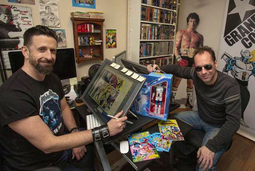 Derek Jessome, left, and Jeff Knott created their own comic books and their own comic book company and called it Grandway Comics.