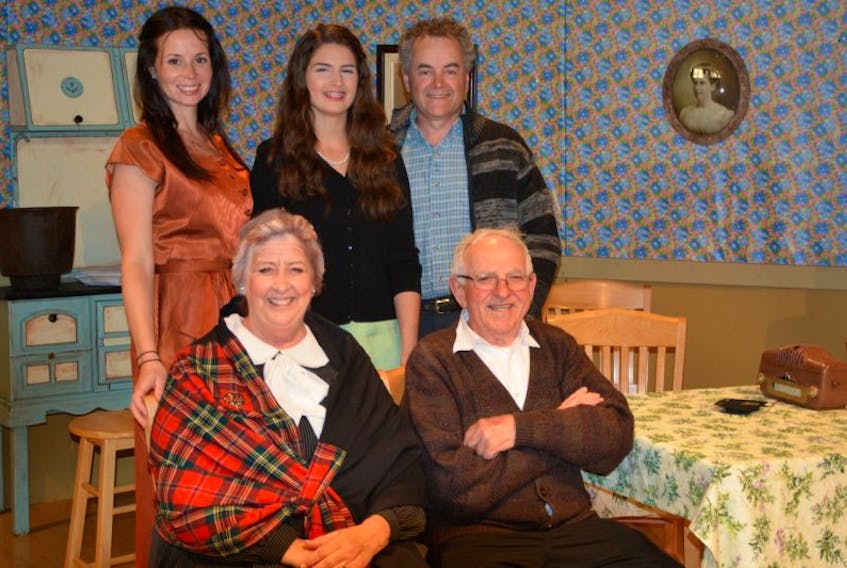 Three generations of the MacLeans of Keppoch gather first for an anniversary party and then a wake in “Keppoch the Last Wake” on Saturday evening at Strathspey Centre, Mabou. From left to right are, Carol Ann MacKenzie and Joe MacKinnon, in the foreground, with Ann Holton, Julia Shields and Terry MacIntyre in back.