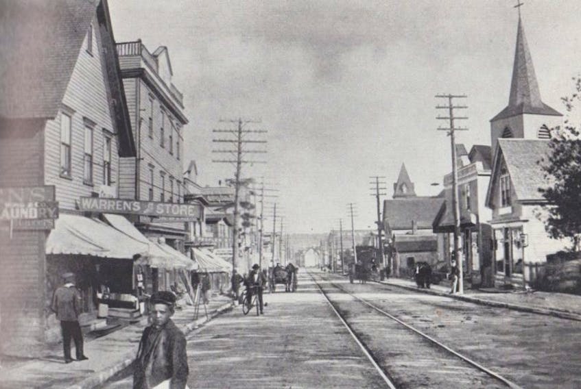 Here you can see the removing of the tramcar tracks on Commercial Street, Glace Bay, after the shut down of the Glace Bay Tram service, in approximately 1947.