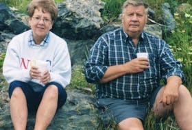 Phyllis Côté and Wally Ellison on one of their many trips around Cape Breton Island, 2001.