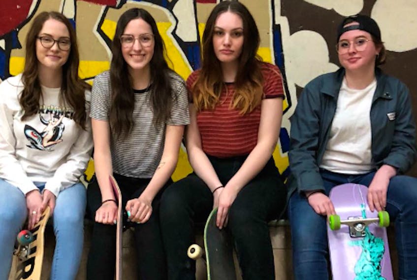Here are the creators of the Shred Sirens Girls Skate Program, from left to right, Jill Ellsworth, Bailee Kennedy, Bree Steele, and Tessa Poirier at the Undercurrent Youth Centre in Glace Bay.
