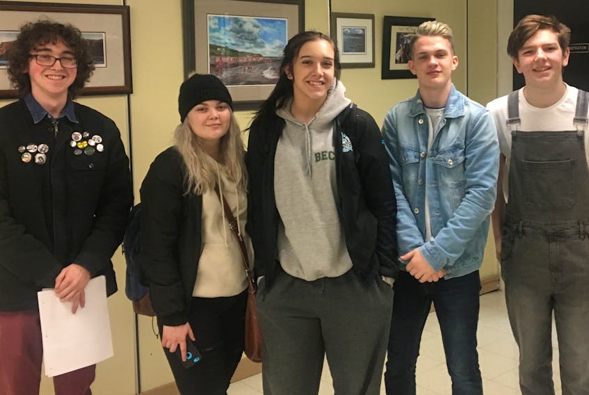 Members of The Cave, the Breton Education Centre newspaper, were recruited to be the Coal Bowl student media liaison officers. Left to right, Ben Beaton, Bailie Head, Jordyn Crocker, Sidney Gould, Maverick McDougall. Also part of the media liaison team were Mya Burke and Constanza (Connie) Hahn, a German exchange student.