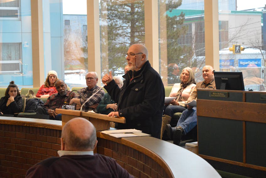 Jim Guy, a political science professor at Cape Breton University, speaks to council and the public during the second public consultation session this month on a proposed municipal charter was held at city hall in Sydney on Saturday.
