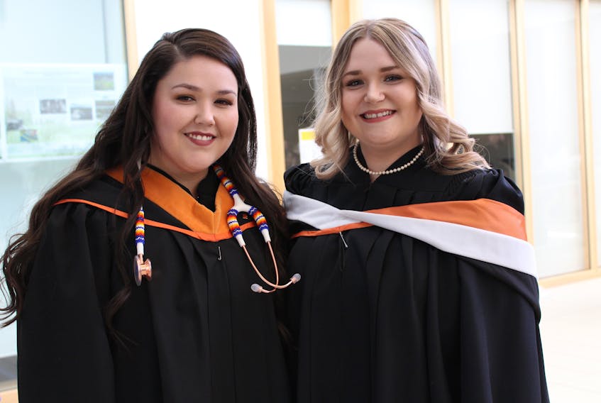 Nursing graduate, Lana-Joy Gould, left, and CBU valedictorian, Emma Flynn, who received a bachelor’s degree in honours psychology, were two of 700 students who graduated Saturday from Cape Breton University.