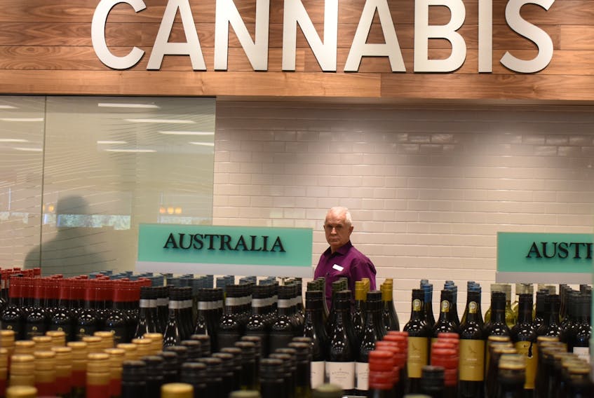 Nova Scotia Liquor Corporation employee Dave MacPherson stands at the entrance to Cape Breton Island’s first and only cannabis store. The shop, which will open Oct. 17 when recreational marijuana becomes legal in Canada, is located inside the Nova Scotia Liquor Commission’s Sydney River outlet. The Crown corporation showed off its new store on Tuesday when local news media toured the facility that in two weeks will be legally dispensing recreational cannabis.