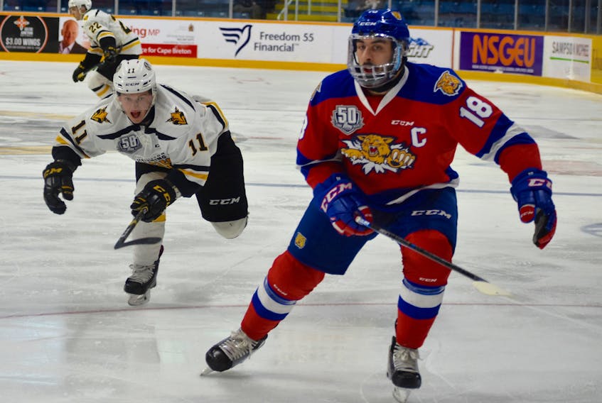 Cape Breton Screaming Eagles forward Derek Gentile hustles after the puck while Moncton Wildcats captain Jonathan Aspirot maintains position during Québec Major Junior Hockey League action on Sunday afternoon at Centre 200.