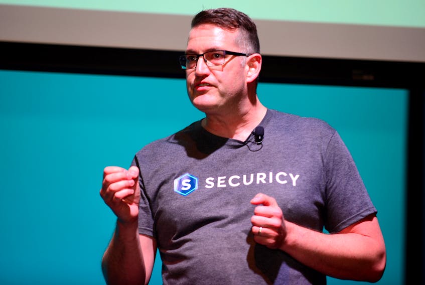 Securicy co-founder Darren Gallop pitches his Sydney-based software company’s cybersecurity tools and resources during Demo Day at Techstars, a top-tier global startup accelerator in Boston, in 2018.