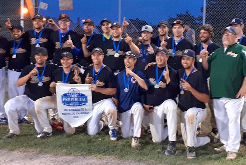 The Cape Breton Marlins captured the Nova Scotia Intermediate ‘A’ provincial championship on Sunday, defeating the Inverness Athletics 7-6 and 12-2 in the championship games at the Nicole Meaney Memorial Ball Field in Sydney Mines. Front row, from left, are Bryden Meaney, Tyler Spooney, Sam Johnson, Mitch Foss, Logan Aker and Ryan Lawless. Back row, from left, are Eric Carey, Cole Jardine, Chris Osmond, Nathan Livingston, Johnny MacLeod, Kyle Bursey, Tyler Rose, Jeremy Marks, Josh Prince, Geoff MacDonald, Cyril Eavis, Evan LeBlanc and coach Paul MacDonald.