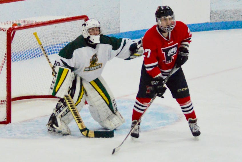 Christian Jackson of the Glace Bay Panthers, right, parks in front of Memorial Marauders goaltender Gavin Rudderham during Cape Breton High School Hockey League play Sunday at the Canada Games Complex. The Panthers won, 7-1.