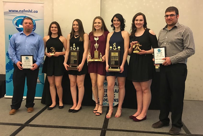 The MacIntyre Chevy Panthers were well represented at the annual Nova Scotia Female Midget 'AAA' Hockey League awards ceremony that took place Saturday. From left: Guy Poirier, volunteer of the year; Madison Corbett, rookie team all-star; Aimee O'Neill, league MVP; Nicole MacNeil, top defensive player; Blaire MacKinnon, sportsmanship award; Julia Carroll, second team all-star; and Troy Chiasson, coach of the year. The Panthers, who play out of the Membertou Sport and Wellness Centre, open the provincial finals next weekend in Pictou.
