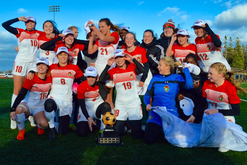 The Cape Breton Capers celebrated their second consecutive AUS women’s soccer championship after defeating the rival St. Francis Xavier X-Women 1-0 in the title game Sunday at the CBU field. The Capers played the first half with a very strong wind at their backs in a game that CBU veteran defender Becky Hanna described as “the hardest game I’ve ever played.” The Capers are one of eight teams that will participate in the national championship tournament that kicks off Thursday in Ottawa.