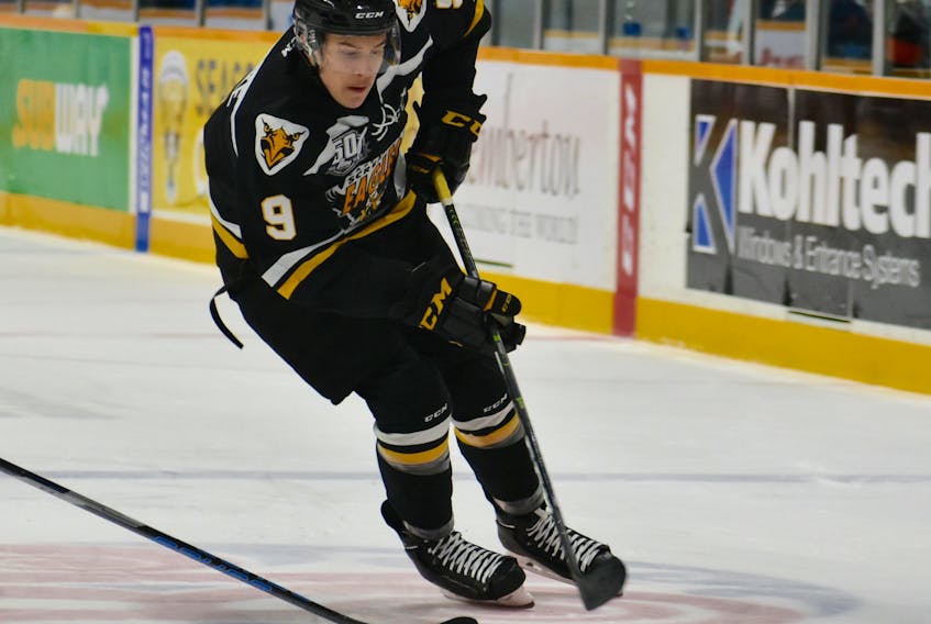 Leon Gawanke of the Cape Breton Screaming Eagles carries the puck into the offensive zone during Quebec Major Junior Hockey League action earlier this season at Centre 200. The 19-year-old will represent Germany at the 2019 IIHF World Junior Hockey Championship Division I, Group ‘A’, beginning Sunday in Füssen, Germany.