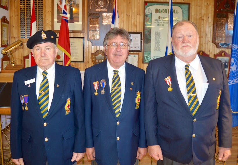 Royal Canadian Legion branch 83 members, from left, Sgt.-at-arms Frankie Sampson, Cecil Snow, second vice-president, and Daniel Ginter, third vice-president, gathered at the legion on Monday. The legion will host a D-Day ceremony at the Florence location on Wednesday and the general public is welcome to attend.