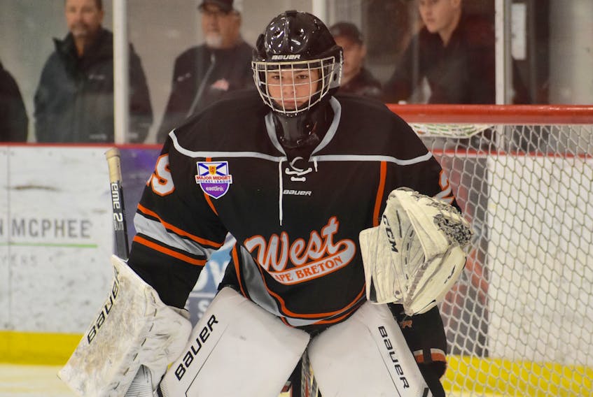 Kenzie MacPhail of the Cape Breton West Islanders is seen in this file photo. The Inverness goaltender is the highest ranked Cape Breton-born player heading into the QMJHL draft in Quebec City this weekend.