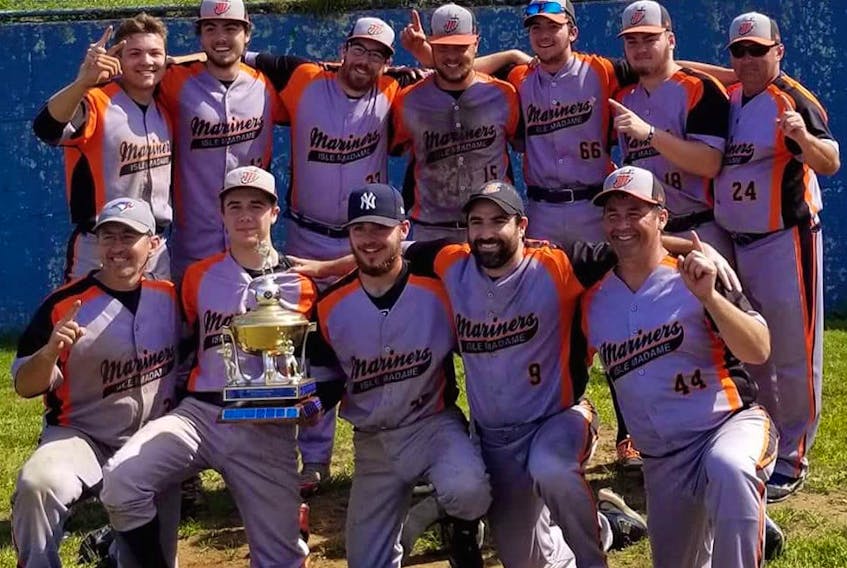 The Isle Madame Mariners captured its first-ever Richmond Amateur Baseball Association championship last month. The league recently named its award winners and all-star team, and many Mariners players were given honours. Members of the team are, from left, front row, Lloyd Samson, Zack Bond, Dylan David, Jimmy Bungay and Mike Diggdon (coach). Back row, Dobson Boudreau, Drake Boudreau, Travis Landry, Ethan Dorey, Joel Fougere, Callum Boudreau and Shawn Samson (coach).