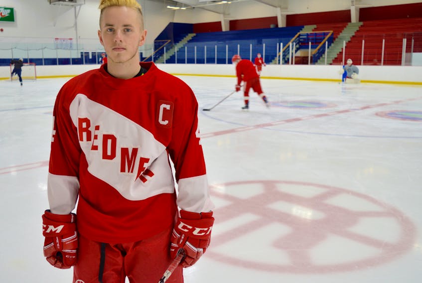 Dylan MacDonald of the Riverview Redmen stands for a picture prior to practice at the Cape Breton County Recreation Centre on Tuesday. The Redmen captain will play in his final Red Cup Showcase this week when the tournament kicks off at the Coxheath venue on Thursday.