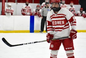 Andrew McCarron of the Riverview Redmen will play in his final Red Cup Showcase this weekend. McCarron, the grandson of the late Terry McCarron, led the Cape Breton High School Hockey League with 47 points in 18 games this season.